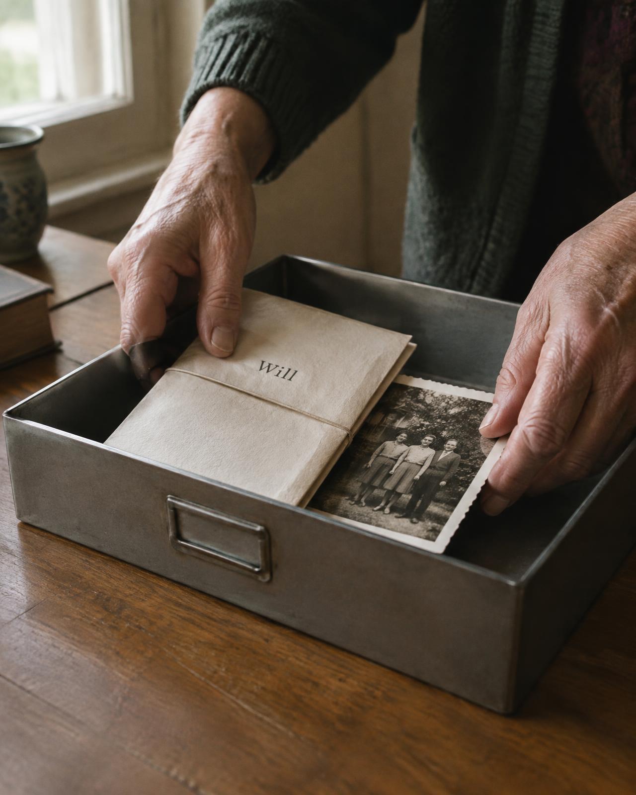 An older person's hands placing a sealed will and a family photograph into a deposit box tray.
