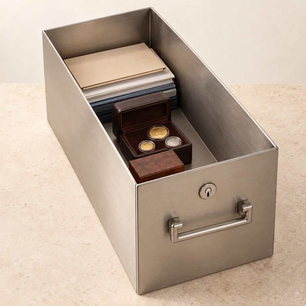 Close-up representative image of a large brushed-steel box holding stacked document folders, an open coin presentation case and a small timber keepsake case