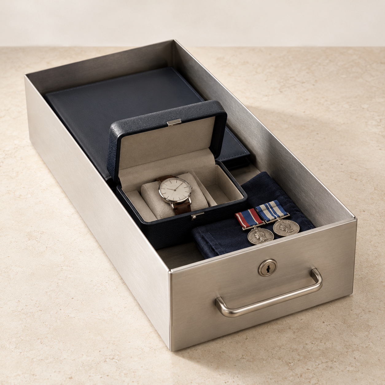 Representative image of a brushed-steel Medium box holding a document folder, an open watch case and two service medals