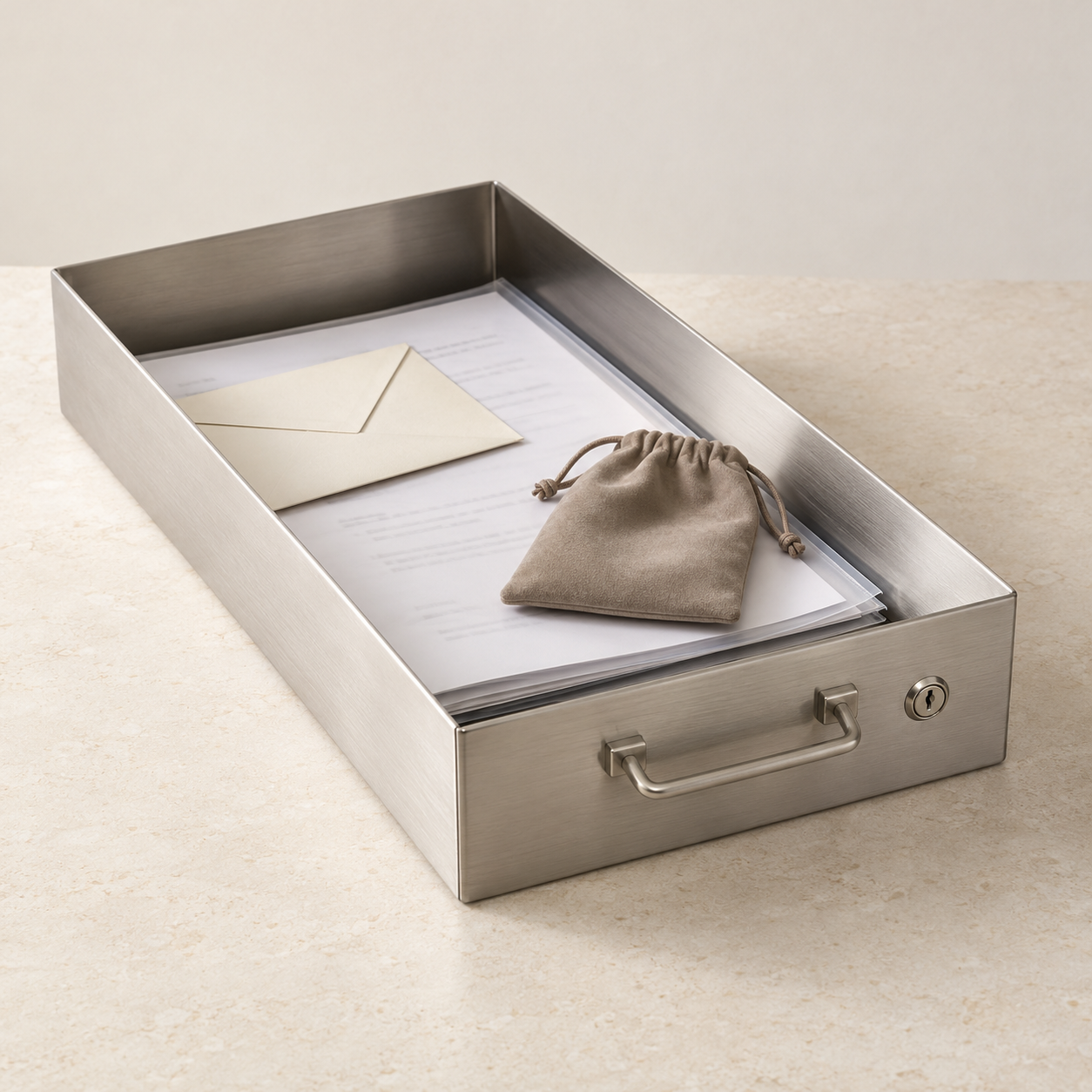 Representative image of a shallow brushed-steel Small box holding flat A4 papers, an envelope and a jewellery pouch